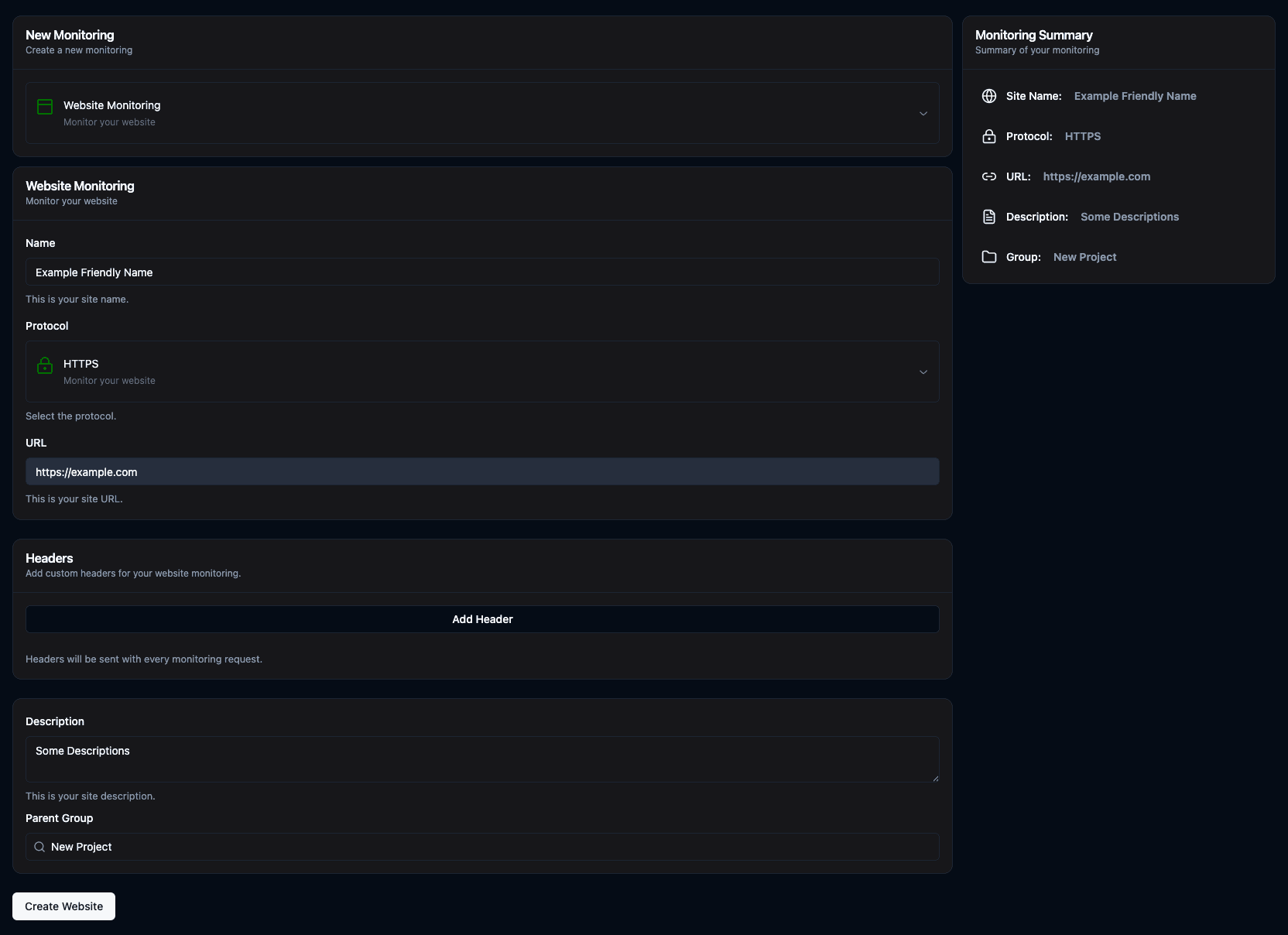 Create Monitor modal showing URL input and monitoring type options (HTTP, Ping, Port) on Watchman Tower