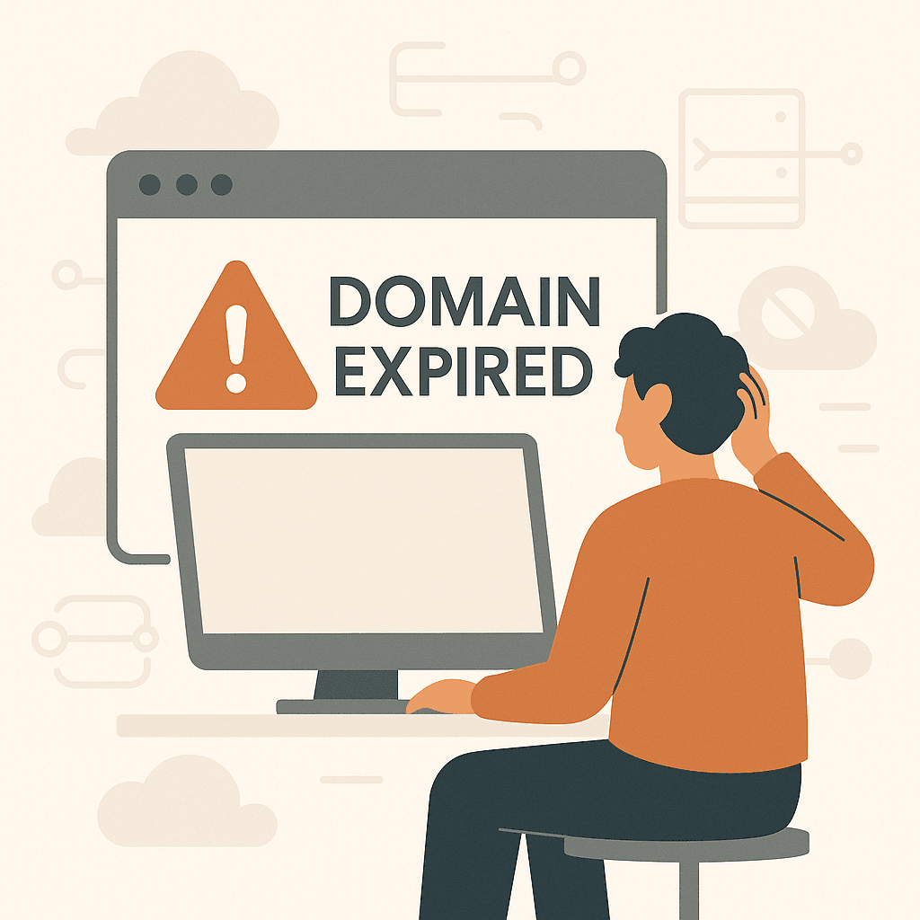 Website outage caused by domain expiration with warning sign