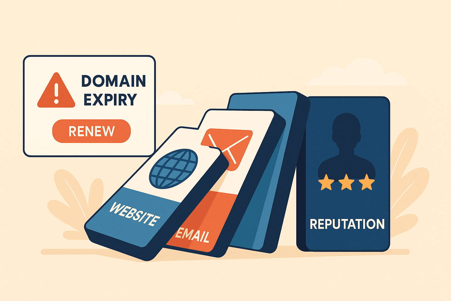Illustration showing domino effect of domain expiration impacting website, email, and reputation