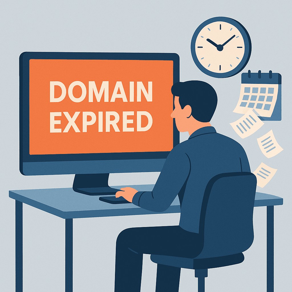 Illustration showing a user at a desk, alarmed by a “Domain Expired” message on screen, with a ticking clock and falling documents in the background.