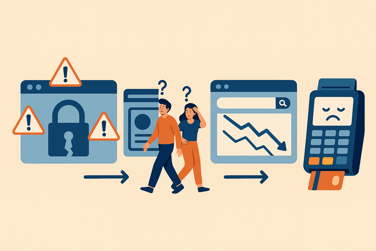 Illustration showing the negative effects of an expired SSL certificate, including SEO drop, user trust issues, and payment failures.
