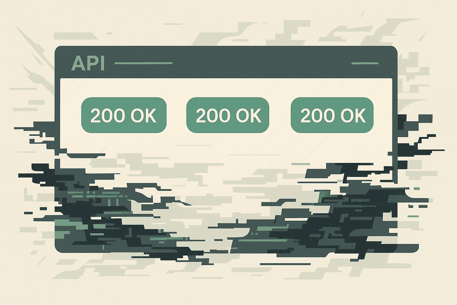 An API dashboard showing 200 OK status while visually broken — symbolizing false positives.
