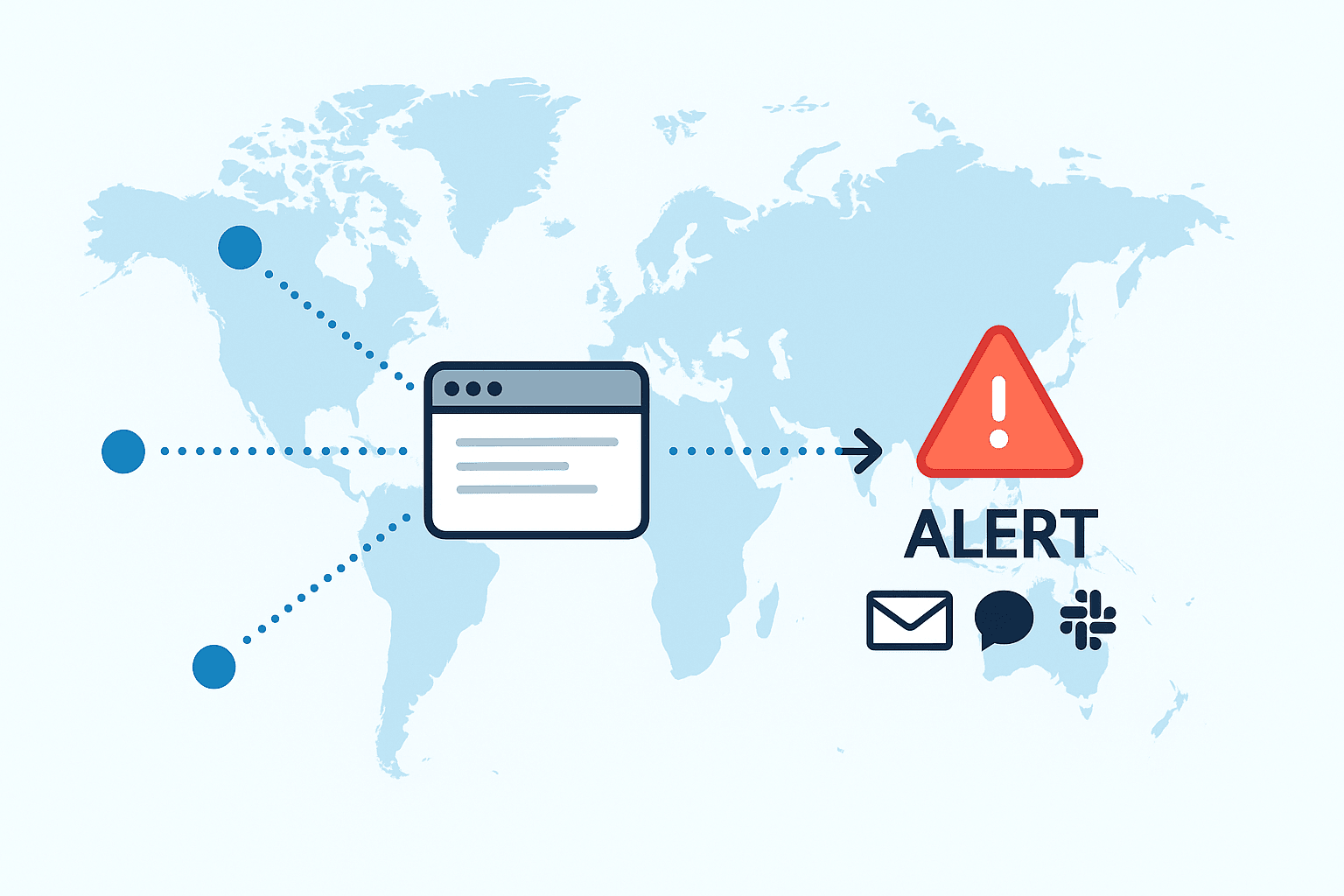 Illustration showing global website monitoring checks from multiple geographic locations