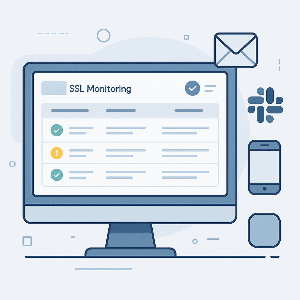 Illustration of an SSL monitoring dashboard with certificate status indicators and notification icons for email, Slack, and mobile alerts