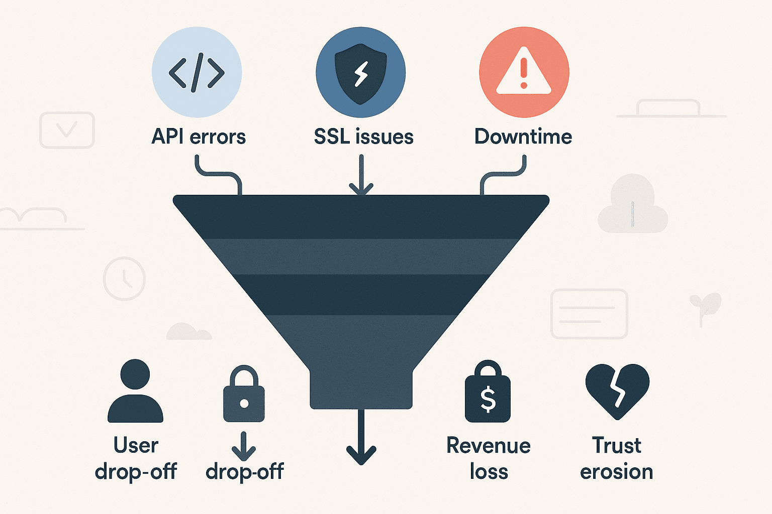 An infographic funnel showing how different incidents like API errors and downtime lead to user drop-off, financial loss, and brand damage.