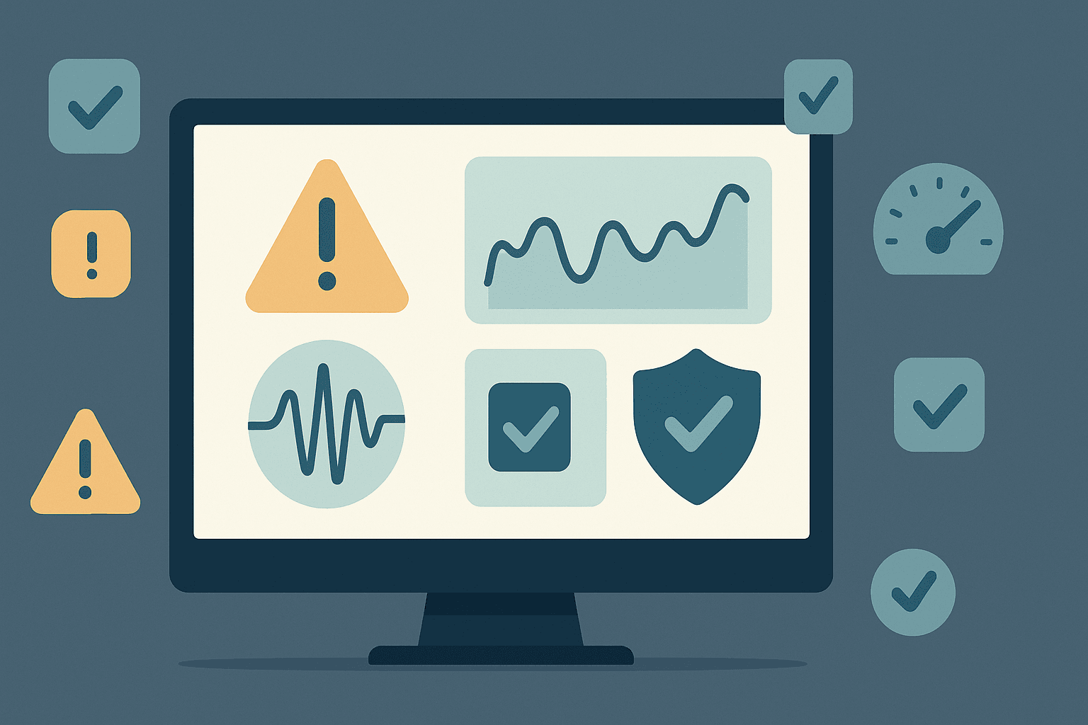 Illustration of a smart monitoring dashboard displaying alerts, performance metrics, and anomaly detection tools.