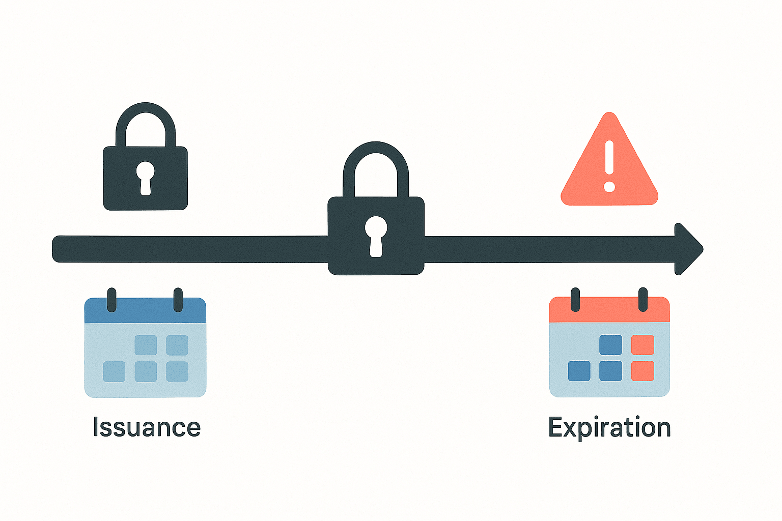 A visual timeline showing the lifecycle of an SSL certificate, from activation to expiration, ending with a red warning symbol.