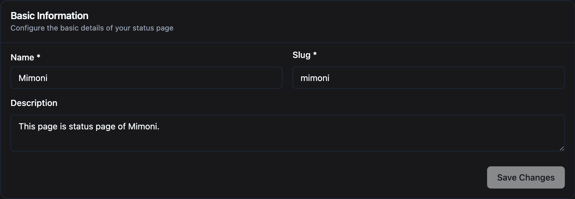 Status page configuration screen on Watchman Tower dashboard, showing name, slug, and description fields.