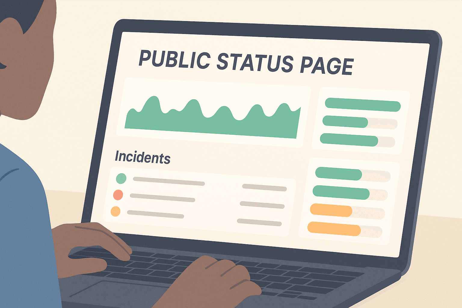 Close-up view of a public status page with uptime data and incident history on a laptop.