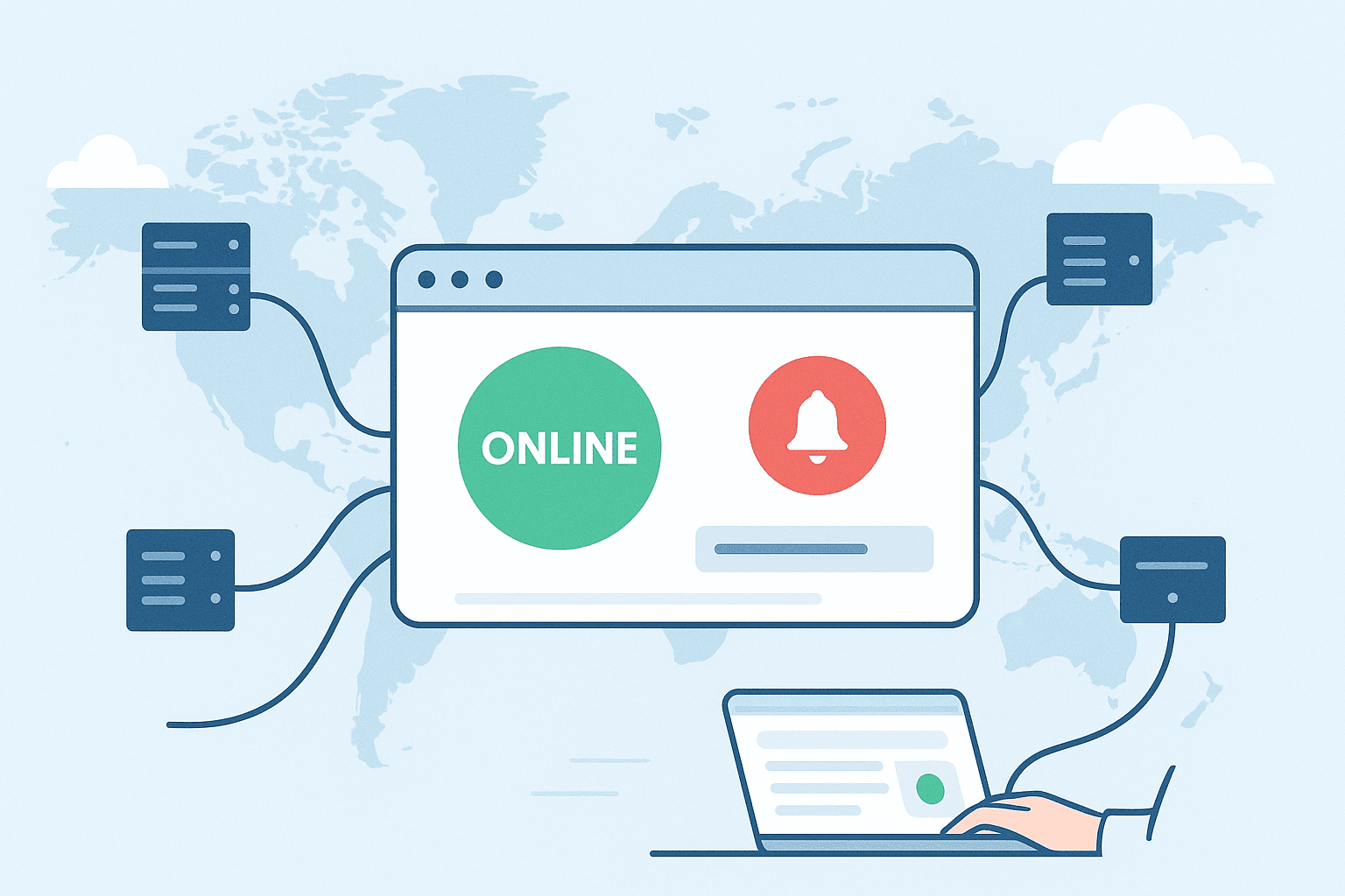 Visualization of worldwide uptime checks: global servers pinging a website, with status and real-time alert indicators.