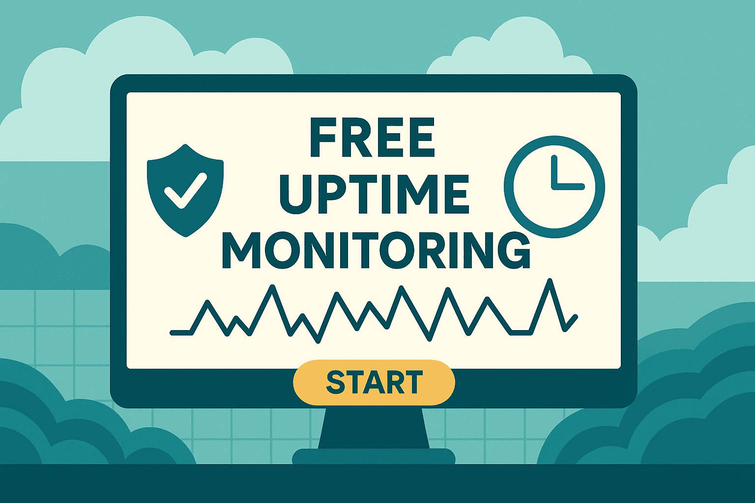 A flat-style infographic showing step-by-step instructions for monitoring website uptime for free, including setting a URL, choosing a location, and enabling alerts.