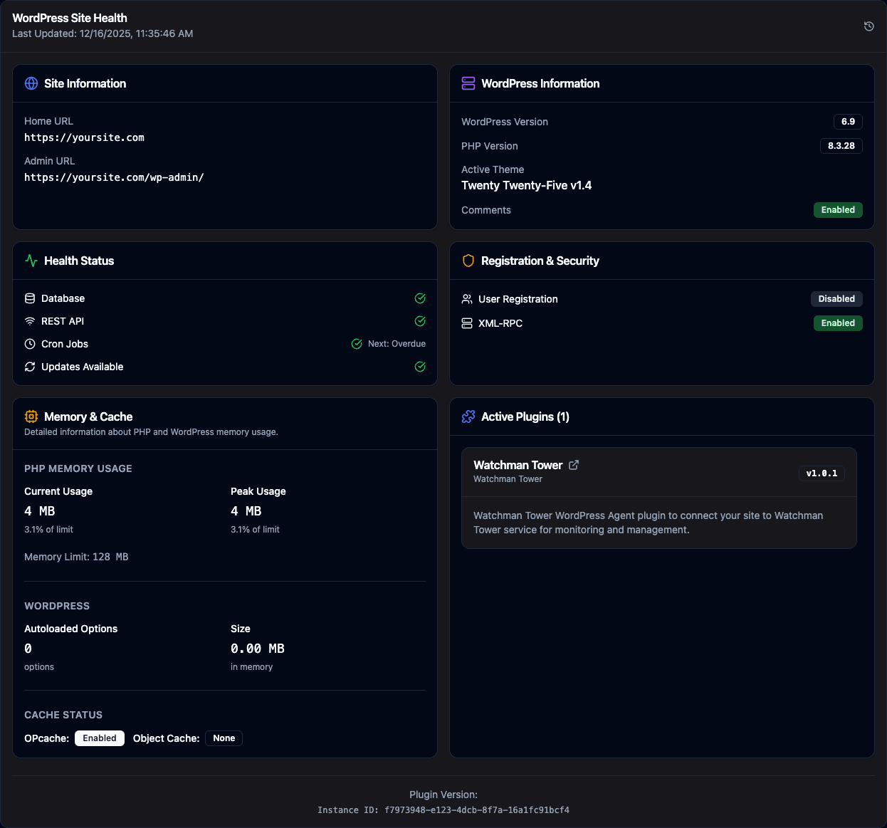 WordPress health signals dashboard showing site information, updates, security status, and memory usage in Watchman Tower