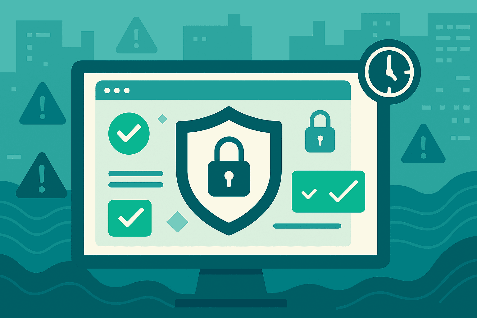Illustration showing a secure website dashboard with shields, alerts, and network indicators, representing website security monitoring in action