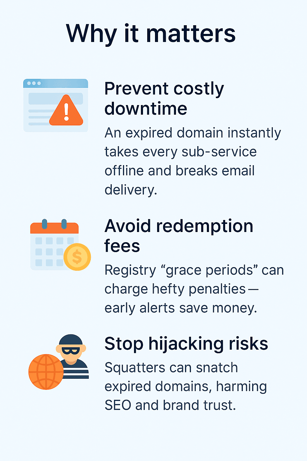 An infographic titled ‘Why it matters’ outlining the importance of domain expiry monitoring: avoiding downtime, redemption fees, and hijacking risks.