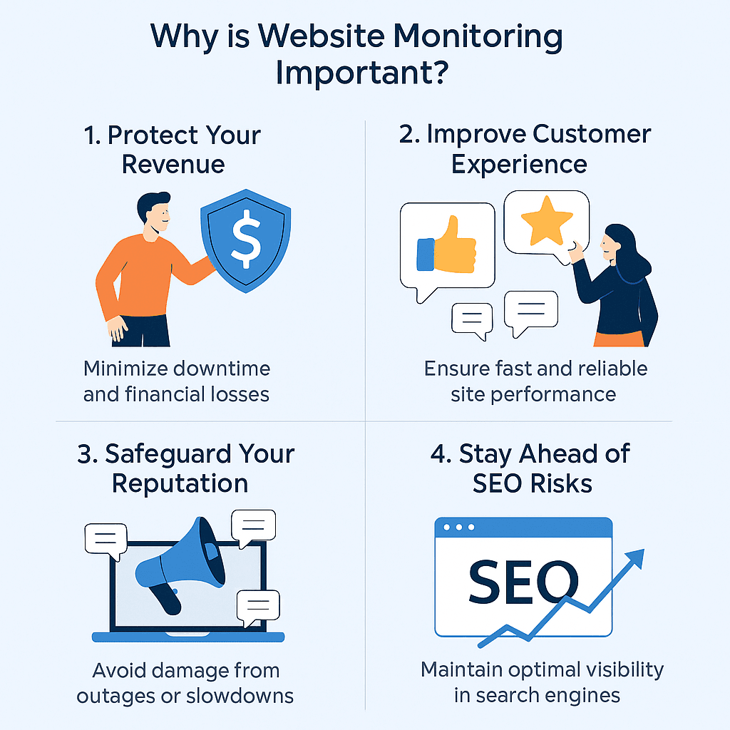 Infographic showing four reasons why website monitoring is important: protect revenue, improve customer experience, safeguard reputation, and stay ahead of SEO risks.